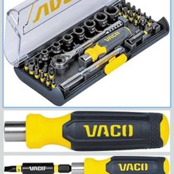 VACO VAC3321 32-Piece Metric Ratcheting Wrench and Socket Set, 1/4-Inch Ratchet, Extension, Adapter, 7 Impact Sockets, 20 Bits, Compact Case