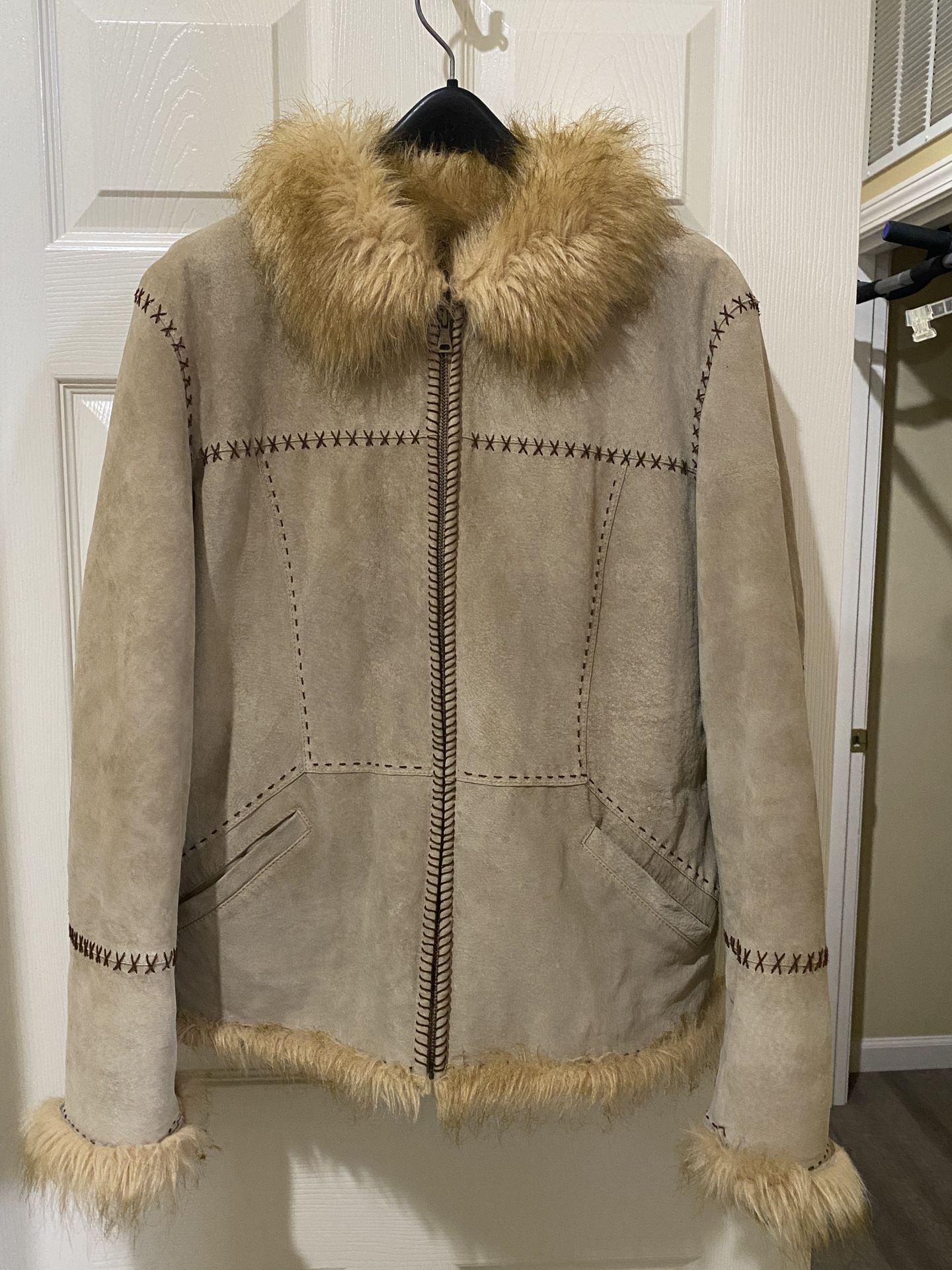 Cream Leather Jacket/Coat Size L