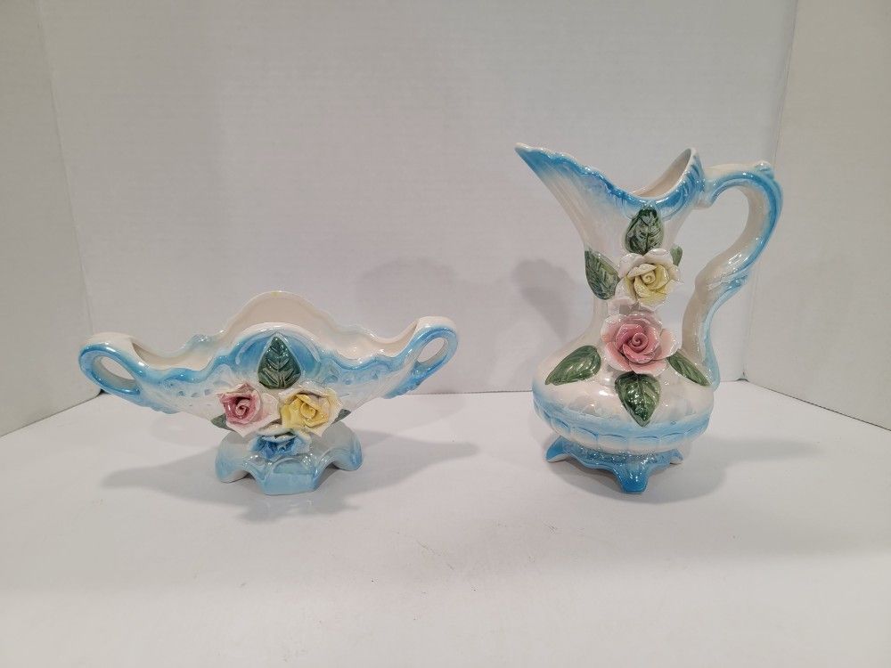 Vintage Ceramic Cream and Sugar Bowl Set Applied Roses ~ Floral, Textured