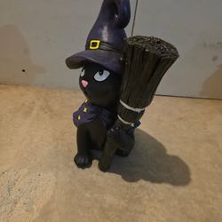 Black Cat Halloween Figurine with Witch Hat & Broom — Fall Decor