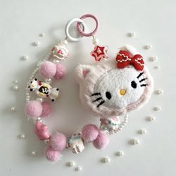 Handmade Sakura Pink Hello Kitty Phone Strap - 12 Inch Fuzzy Pom Pom Bag Charm