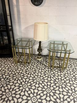 Two Glass Top Gold Metallic End Tables