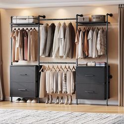 C168 $100  T4 Wall Mounted Closet System with 4 Large Drawers & 4 Hanging Rods Adjustable from 4'4'' to 5'9'', Industrial Pipe Clothing Rack with 4 Ha
