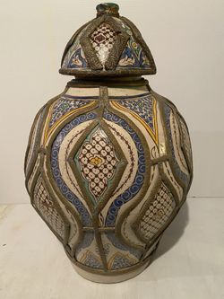 ANTIQUE MOROCCAN VASE WITH LID - CERAMIC WITH METAL FILIGRAM - FULL HEIGHT 24 and a half Inches
