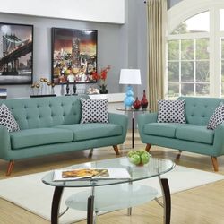 LAGUNA BLUE GREEN POLYFIBER FABRIC 2 PIECE SOFA LOVESEAT MID CENTURY MODERN COUCH SET - SILLONES