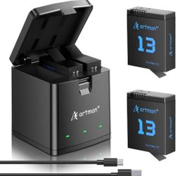 Artman Hero 13 Battery 2100mAh~GoPro Hero13 Black Camera, 3-Channel LED USB Storage Charger~2 Pack~ NEW