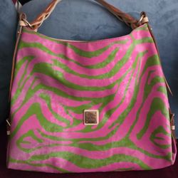 Dooney & Bourke Zebra Print Pink/Green Hobo Tote Leather Shoulder Bag * READ*