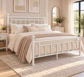 Queen bed Metal Platform Bed Frame, Vintage Headboard, White 50'' Tall Victorian Headboard/Footboard/Mattress Foundation/Under Bed Storage/No Box Spri