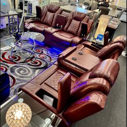 New 3pcs Brown Leatherette Reclining Living Room Set W/LED Light