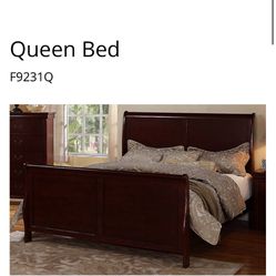 New In Box Poundex F9231q Queen Cherry Brown Sleigh Bed