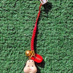 Asian Amulet Charm Red Strap Japanese Chubby Cheeks Pear Face Tassle w/Bell EUC