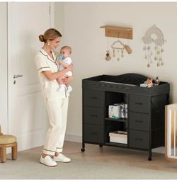 Changing Table, 6-Drawer Dresser, Adjustable Shelves, Mobile, Black
Changing Table Dresser, Waterproof Diaper pad & Safety Strap, 6 drawers, Adjustabl