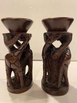 Pair of Hand Carved Dark Wood African Giraffe Candle Stick Holders 6.5” H x 3.5” W