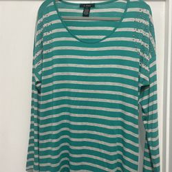 Knit Xl Turquoise Green  Stripe Tunic Top With Embellished Front 