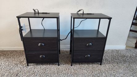 Set of 2 Black Oak Metal and Wooden Nightstand with 2 Drawers, Shelves, Charging Station and LED Lights. Each measures: 15"W x 10.75"D x 23.5"H