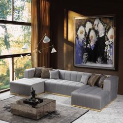Elisha Velvet Gray Double Chaise Sectional /couch 