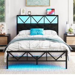 Queen size Size Bed Frame with LED Light and Charging Station, Black Upholstered Headboard
