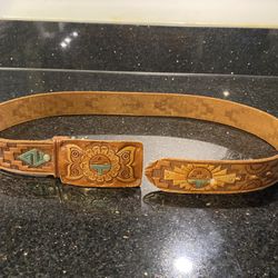 Vintage Chambers Leather Belt Western Tooled Hand Painted Southwest Brown Sz 30”
