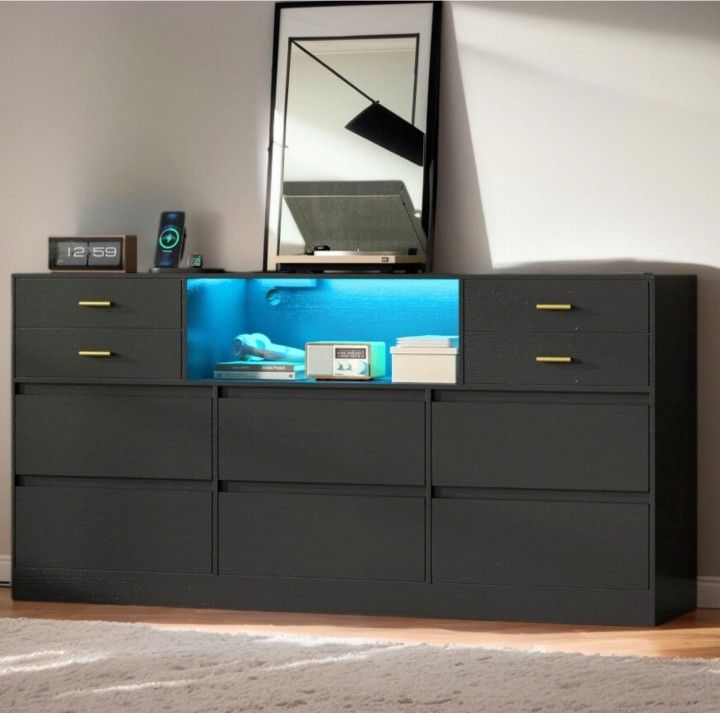10-Drawer Dresser with Charging Station + LED Lights
