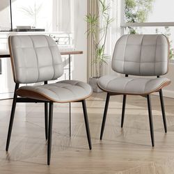 Dining Chairs Set of 2, Mid Century Modern Dining Room Chair, Upholstered Faux Leather Kitchen Chairs with Thick Cushion and Walnut Bentwood Back for 