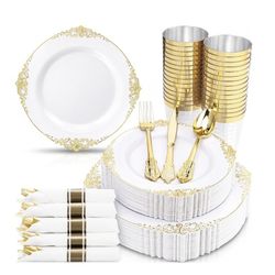 (404040-3) Nervure 350PCS Gold Plastic Plates - Gold Plastic Dinnerware Sets for 50 Guests - 100 Disposable Plates, 150 Silverware, 50 Cups, 50 Napkin