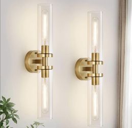 Set Of Two, Hardwired Brushed Gold Bathroom Sconces Wall Lighting With Clear Glass **NEW**
