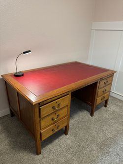 Antique Oak Pedestal Desk with Red Leather Top