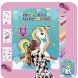 Pin The Horn On The Unicorn Party Game Kids Birthday Activity Set with Blindfold NEW