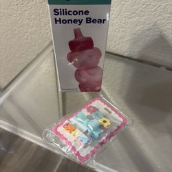 TalkTools Honey Bear Silicone Straw Cup, Mud Pie Children's Blue Bow Spring Hairclips 