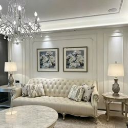 French Provincial Cream Tufted Leather Sofa + Armchair Set | Nailhead Trim