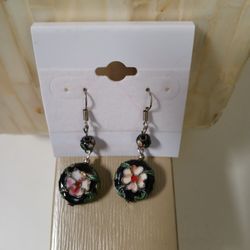 Enamel Flower Black Earrings 