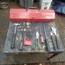 Heavy Duty Steel Toolbox And Assortment Of Shop Tools, Great Condition. $10.00.