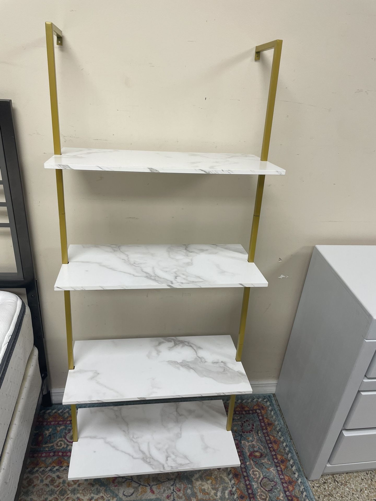Gold Ladder Wall Shelf 61” H x 23.5” W 4 Tier Shelves are White Faux marble look