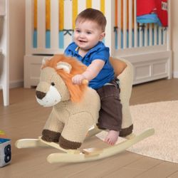 Baby Rocking Horse Lion with Sound, Plush Stuffed Rocking Animals, Wooden Rocking Horse with Seat Belt for 18-36 Months Boys and Girls Gift, Brown