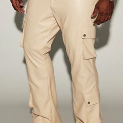 NovaMen Name Of Love Faux Leather Stacked Slim Flare Pants - Cream Size 42