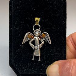 Sterling Silver Guardian Angel Pendant With Round Baltic Amber Stones