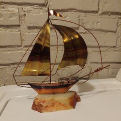Vintage 70s Brass Nautical Sailboat Sculpture on Marble Base 
