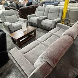 Premium Grey Living Room Recliner Couch, Loveseat And Chair 3 PCs Set