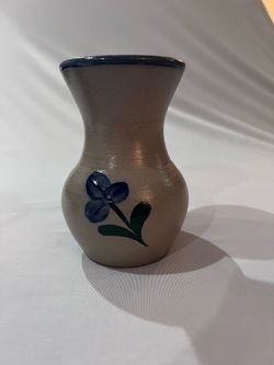 Vintage Rowe Pottery Works Vase blue flower hand painted - Vintage 2001