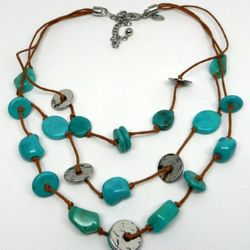 Gorgeous Women's Ladies Chico's Turquoise Look Leather Silver Tone Necklace 