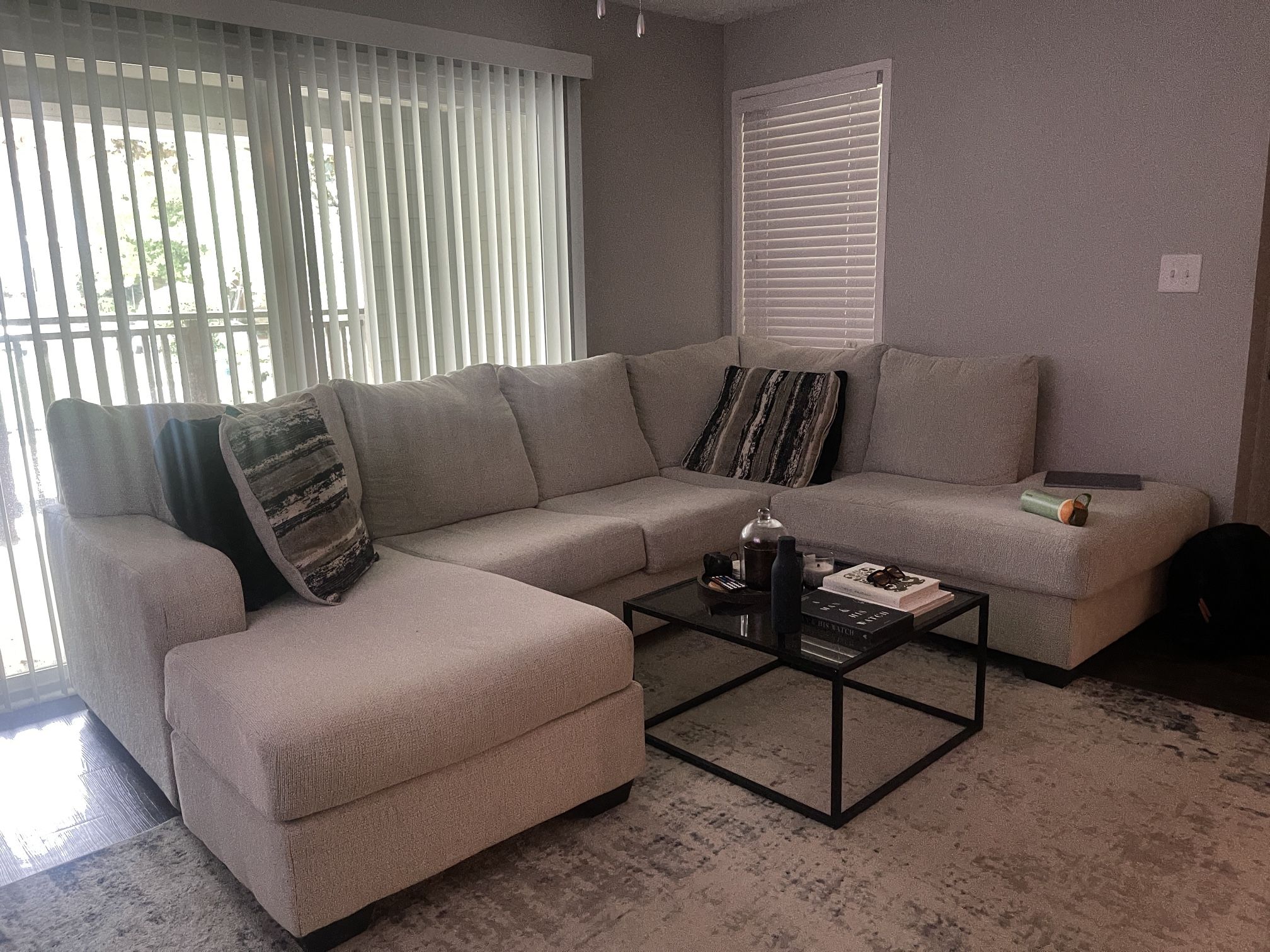 Couch, Pillows, Table & Rug