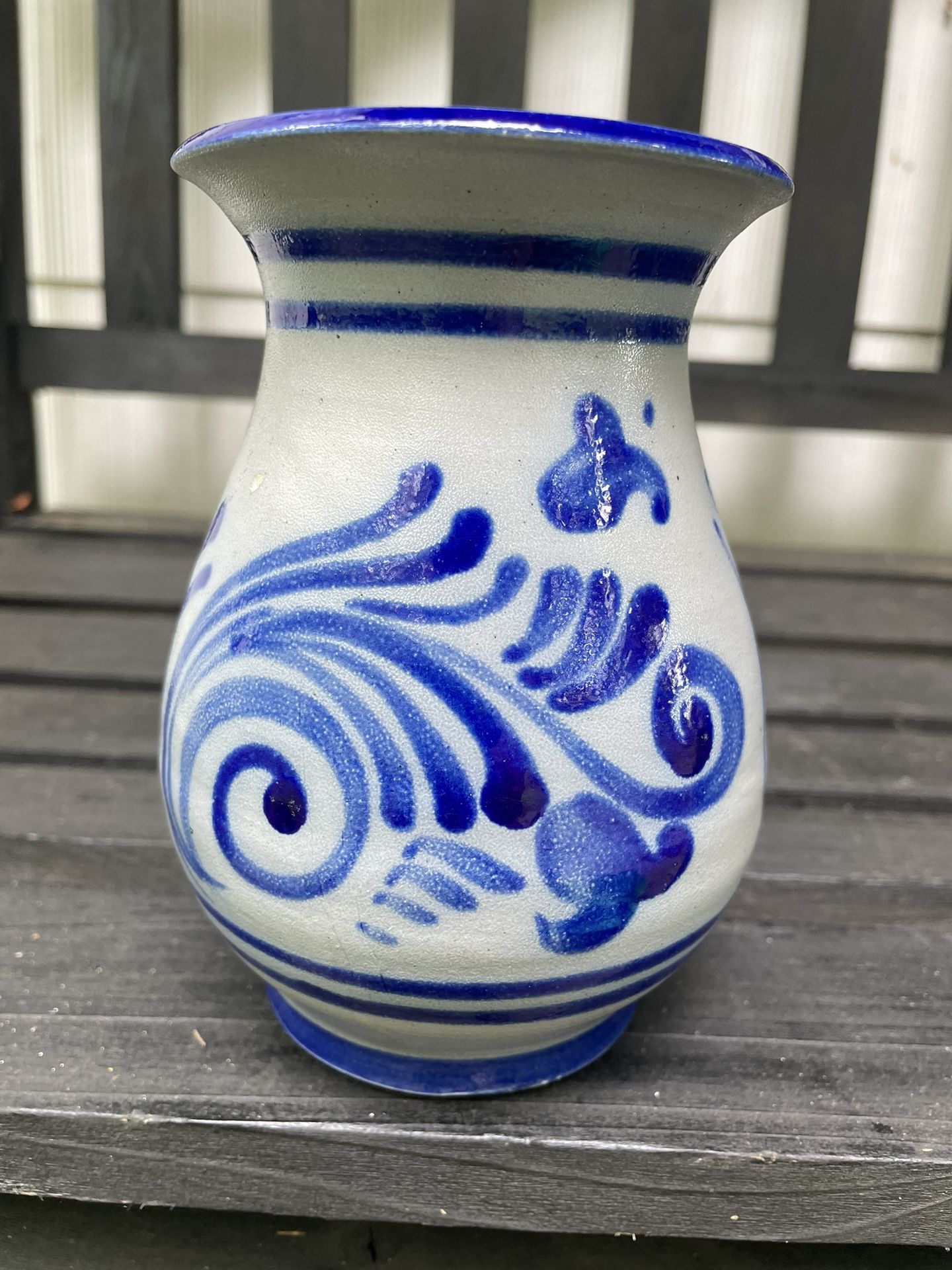 Vintage German Salt Glazed Pottery Vase Stoneware Cobalt Blue 6” Tall