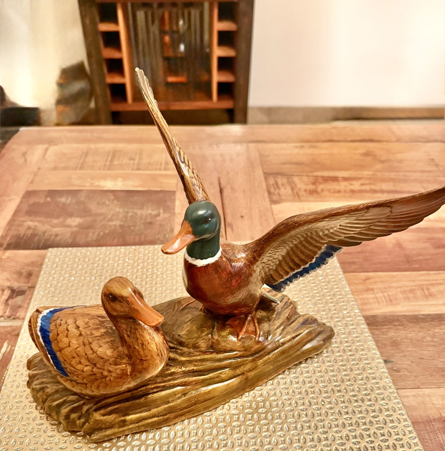 DRAKE & HEN MALLARDS. Male courting Female- ON DRIFTWOOD - Ceramic