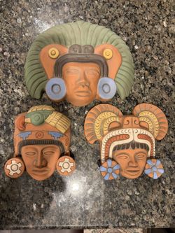 Set Of 3 Mexican Terracotta Wall Masks – Hecho en Mexico – Hand-Painted Mesoamerican Style