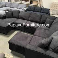 New 113” Chennile Sectional Couch, U-Shaped Sectional Sofa, Couch, Sectionals, Sectional And Ottoman, Couch, Black Sectional, Reversible Chaise Sofa D