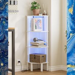 White 4-Tier Corner Bookcase Shelf With LED Lighting. New, In Box