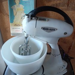 Vintage Hamilton Beach Mixer With Stand, Milk Glass Bowls, Recipe Book
