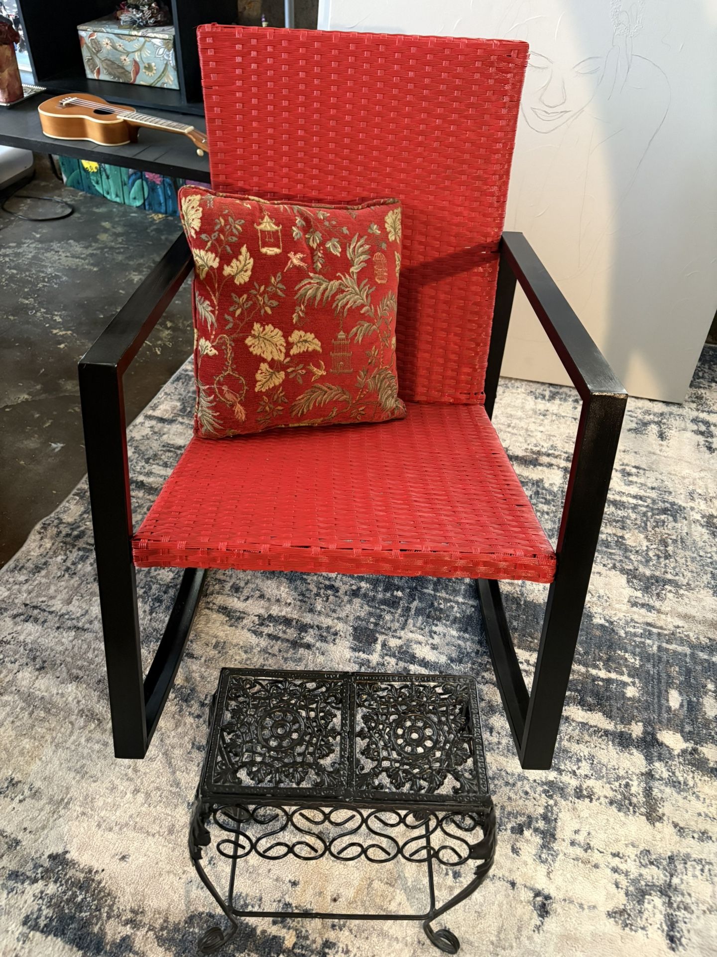 Red Wicker Rocking Chair/Drink Stand 