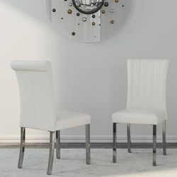 Set of 2 , White and Silver Dining Chairs, White Leather Dining Room Chairs with Mirrored Silver Metal Legs, Rolled Back Dining Chairs