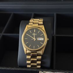 VTG Seiko Quartz SQ All Gold BLACK DIAL Day Date President Watch!